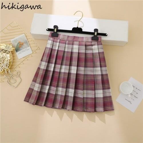 Hikigawa Y2k Pleated Skirts Female Japan A Line Mini Skirt Women Plaid Korean Fashion 2021 Summer Faldas High Waist Mujer Falda