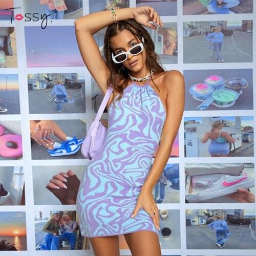 Tossy Print Backless Strapless Mini Dress For Women Sexy Slim Sleeveless Halter Dress Candy Color Clubwear Y2K 2021 Autumn