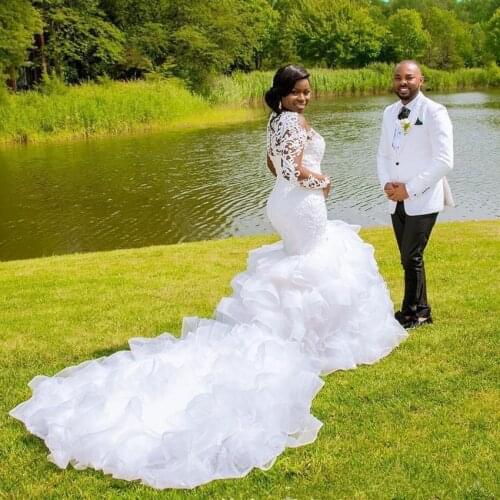 Cascading Ruffles Cathedral Train Mermaid Wedding Dresses Long Sleeve Lace Beaded Plus Size African Wedding Gown