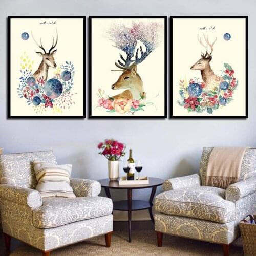 Animal Deer Flower Nordic Decoration Canvas Painting Art Modern Wall Art Canvas Pictures for Living Room B5130