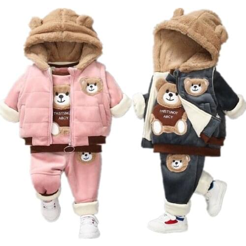 2020 Warm winter Kid Boy Girl Clothing Plus thick velvet Tracksuit Sets Infant Clothes Baby Pants Hooded jacket Warm coat 3PCS