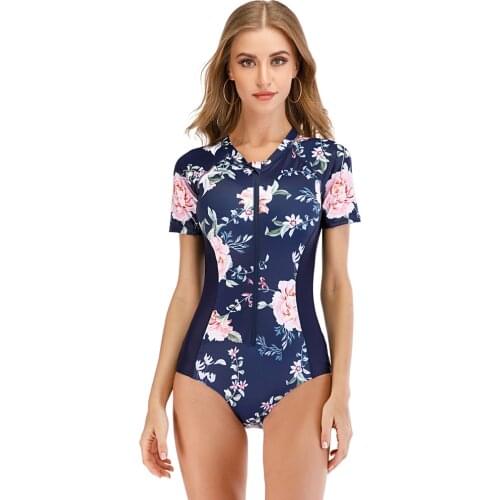 2020 Diving One Piece Swimsuit Print Short Sleeve Women Sport Swimwear Bathing Suit Rash Guard Surfing Suit Rashguard plus size