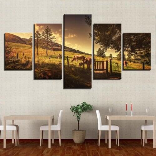5 Pieces Cow Animal HD Prints Canvas Painting Home Decoration Living Room Wall Art Modular Mountain Pictures Tree Artwork Poster