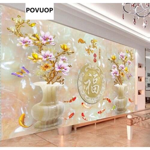 POVUOP diamond embroidery 100X50cm full diamond embroidery Jade orchid nine fish painting round diamond cross stitch