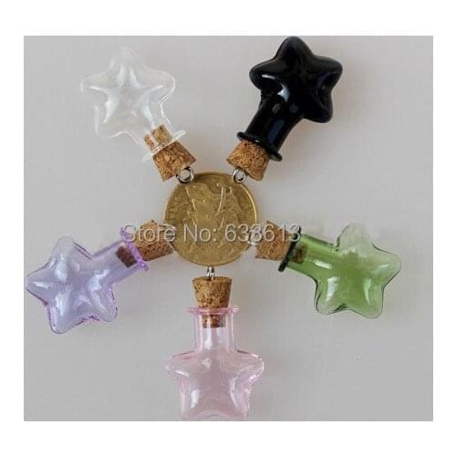 Free ship 100pcs/lot Star Shaped Mini Glass Bottle Vial with Cork Stopper and Eyehook Perfume essential oil vial pendant