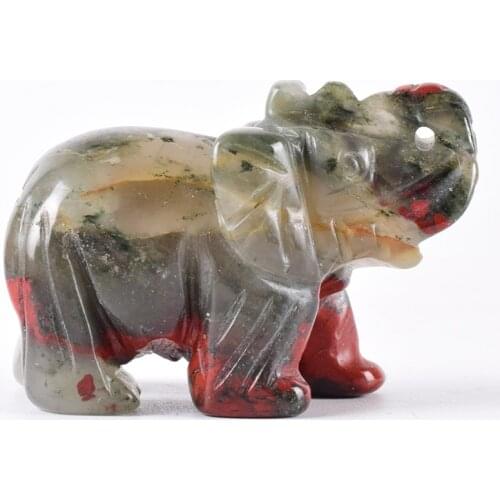 Elephant Figurine Natural Blooded Stone Mini Wild Animal Statue Mineral Crystal Handmade Craft Feng Shui Healing Decor 2"