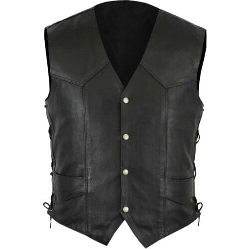 Motorcycle Motorbike Classic Plain Side Laced Leather Vest waistcoat