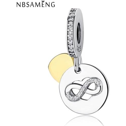 NBSAMENG 100% 925 Sterling Silver Bead Golden Heart Infinity Crystal Pendant Charms Fit Original Bracelets Women Jewelry