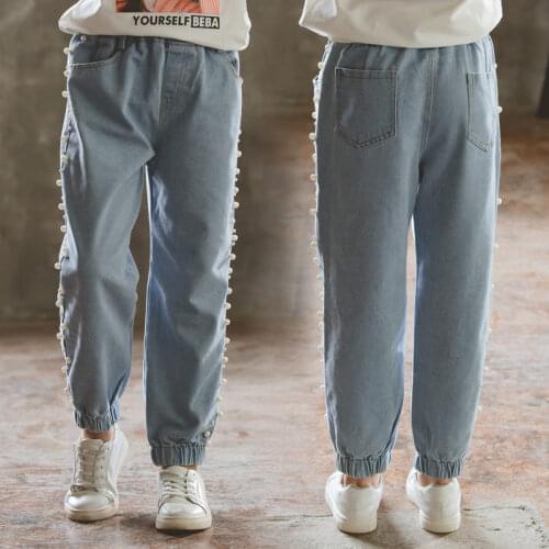 New Arrival Kids Jeans With Pearls Loose Style Children Pencil Jeans for Girls Baby Denim Trousers Teenager Causal Pencil Pants
