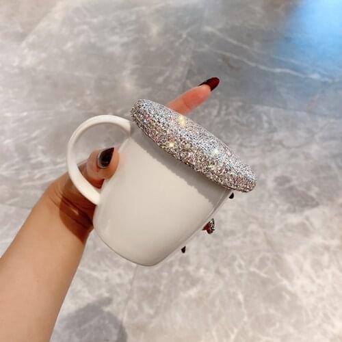 NEW Sparkling Ceramic Cups 330ml Milk Coffee Mugs Friends Gifts Student Breakfast Cup Cover with Rhinestone White Kawaii Mug
