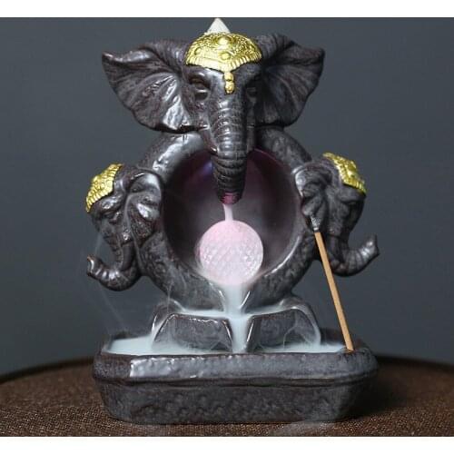 New LED Ceramic Golden Elephant God Backflow incense Burner Holder Aromatherapy Furnace Home Decor Censer Arts Crafts Decoration
