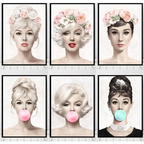 Audrey Hepburn Marilyn Monroe Blow Pink Bubbles Canvas Paintings Posters and Prints Wall Art Pictures for Living Room Decor