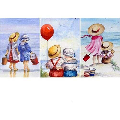 Full round Diamond Embroidery Girl Child on beach play 5D Diy Diamond Painting Cross Stitch Kits Diamond Mosaic DecorZP-1424