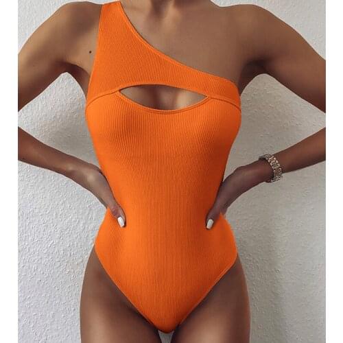 Hollow Out One Piece Swimsuit Vintage One Shoulder Bodysuit Ribbed Swimwear Women Sexy Orange Swimsuit Bathing Suit Bathers 2020