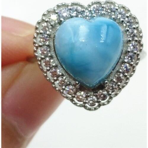 10x10mm Namibia Natural Larimar Blue Dominia Heart Adjustable Ring Water Pattern Larimar 925 Sterling Silver AAAAAA