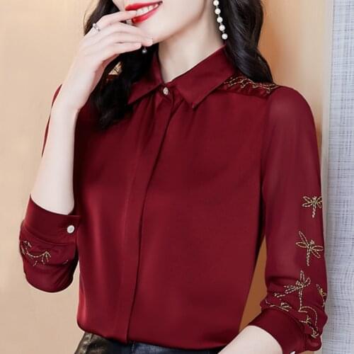 Long Sleeve Embroidery Chiffon Blouse Shirt Blouse Women Blusas Mujer De Moda 2021 Turn Down Collar Blouse Women Tops Blusa E262