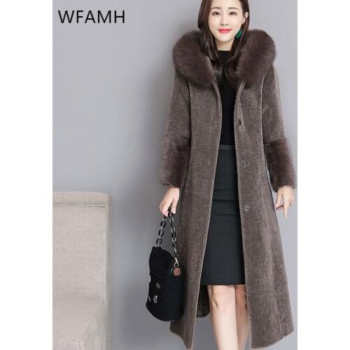 High quality sheep shearing coat jacket women 2020 new winter hooded fox fur collar mid-length fur all-in-one slim mink fur coat