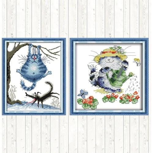 Hard-working Cat Cross Stitch Kits Wall Home Decor DIY Needlework Crafts 14ct 11ct Count Print Canvas Embroidery Needlework Sets