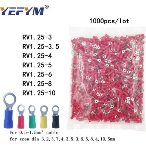 1000PCS/pack ring crimp insulation terminal RV1.25-3 RV1.25-4 RV1.25-5 RV1.25-6 8 10 for 0.5-1.5mm2 wire cable connector