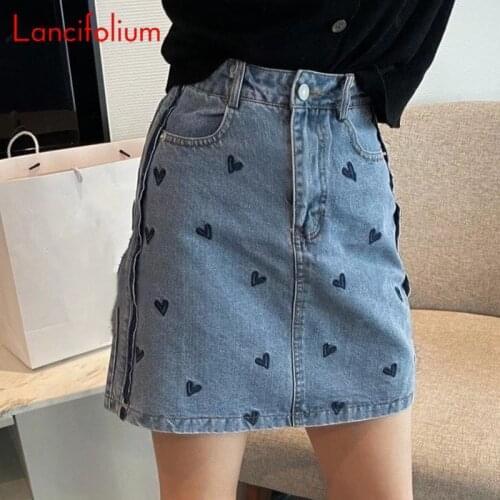 Y2k E Girl 2000s Aesthetic Kawaii A-Line Jeans Patchwork Heart Embroidered High Waist Short Mini Denim Skirts Womens Runway 2021