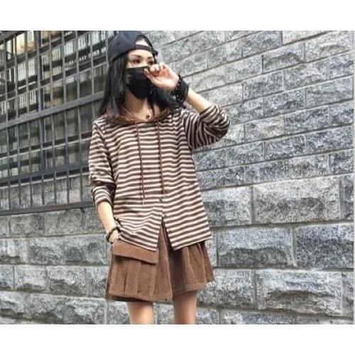 2021 Spring Autumn Arts Style Women Long Sleeve Loose Hooded Tee Shirt Femme Tops Cotton Striped Casual Tshirt Plus Size