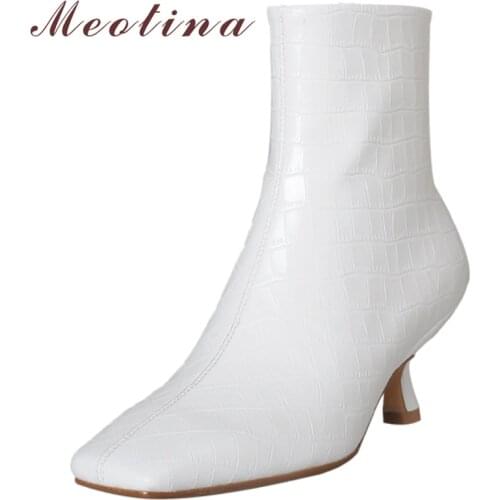 Meotina Women Genuine Leather Ankle Boots Thin High Heel Fashion Boots Square Toe Zipper Ladies Boots Autumn Winter White 41