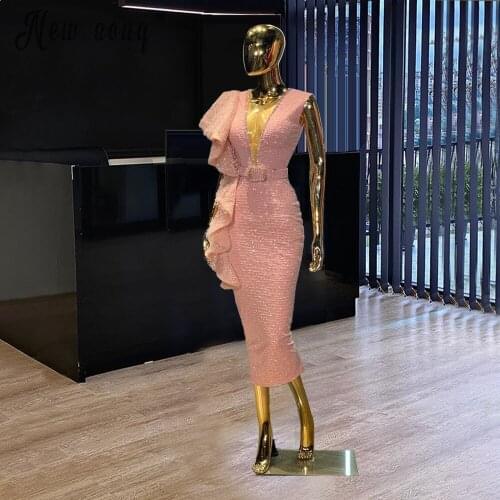 Pink Ruffled Organza Prom Dresses Sexy V Neck Ruched Evening Gowns Beaded Sequined Belt Party Dress вечернее платье Pluse Size