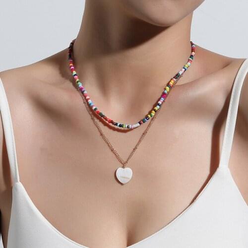 Double Layer Necklace Natural Shell Pendant Choker Design Heart Chain Necklace Colorful Bead Necklace for Women Girls