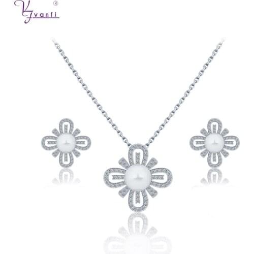 Kfvanfi Classic Gold White Wedding Jewelry Zircon CZ Stone Pearl Earrings Necklace Set For Bridal Women Party