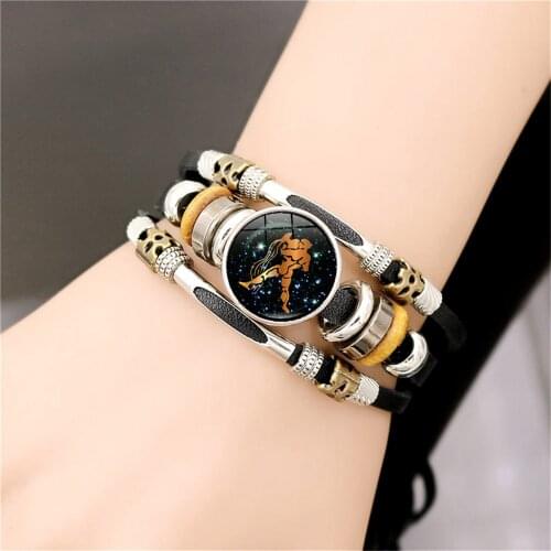 12 Zodiac Signs Constellation Charm Bracelet Taurus Leo Virgo Cancer Jewelry Multilayer Braided Leather Bracelets for Men Women
