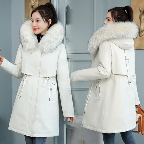 New Simple Solid Parka Women Winter Down Cotton Coat Hooded Big Fur Collar Mid-length Korean Loose Thick Padded Jacket JD1695