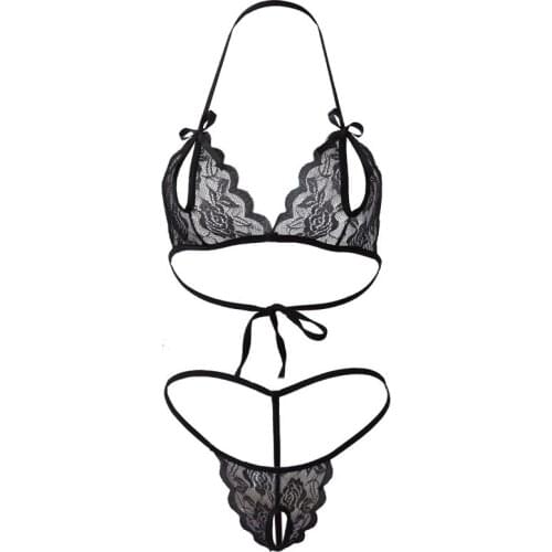New sexy lingerie set ropa mujer lingerie femme sexy lenceria porno Lace Solid color transparent Hollowing out Frenulum String