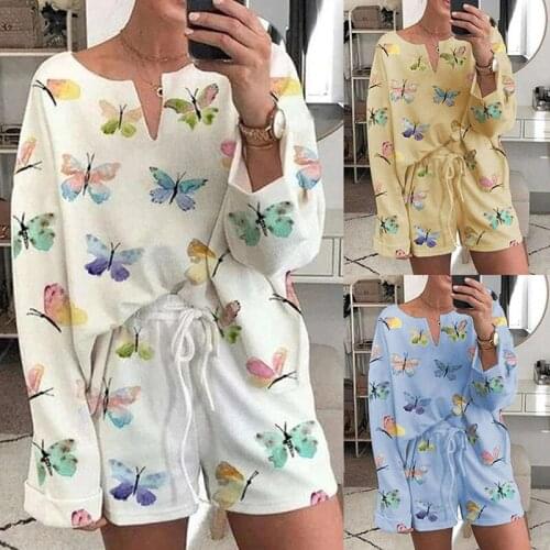 Butterfly Print Women Sleepwear Long Sleeve Pajamas Short Suit Comfortable Cotton Loose Pyjama Femal Two Piece Set Lounwear