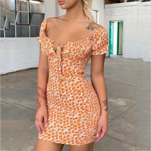 Foridol Flora Print Lace Up Bodycon Mini Beach Dress Orange Short Sleeve Dress Summer Elastic Short Dress Vestidos