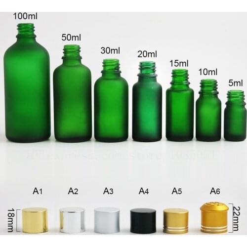 20pcs/lot Empty Frosted Green Glass Herbal Bottle Container Vial Tamper Evident Black Gold Silver Cap 5 10 15 20 30 50 100ml