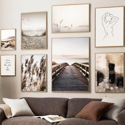 Scandinavian Nature Landscape Canvas Painting Nordic Wall Art Grass Bridge Beach Sunset Poster Print Modern Pictures Home Decor