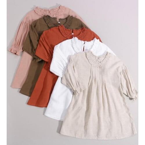 Spring Autumn Casual Kids Girls Dresses Solid Color Stringy Selvedge Collar Flouncing Cuff Long Sleeve Ruched Princess Dresses