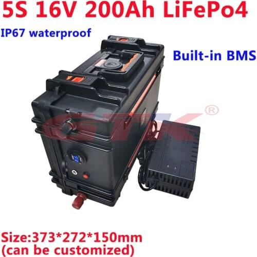 Waterproof Lifepo4 16V 200Ah lithium battery 5S BMS for energy storage outdoor power supply Caravans campers+20A charger