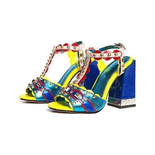 Colorful leather T strap woman beading chunky high heel sandal metal buckle peep toe T strap slingback chunky heel woman sandal