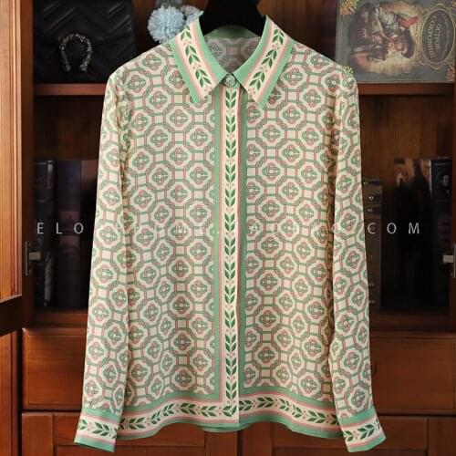 France~ +single wear beauty geometric print crepe de chine silk shirt women