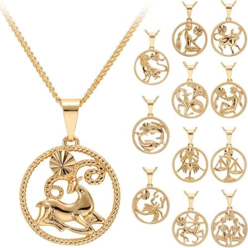 Female Elegant Star Zodiac Carved Sign 12 Constellation Necklaces Pendant Charm Gold Chain Choker Necklaces for Women Jewelry