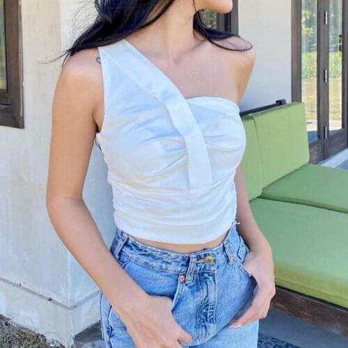 Women Summer Crop Tops Solid Color Single-Shoulder Ruffled Sleeveless Tight Vest for Girls White Patchwork Pleated Slim Vest