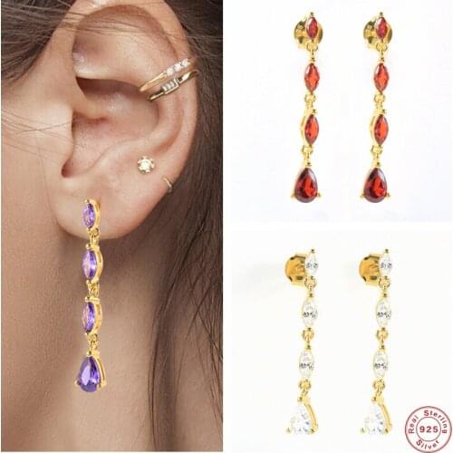 BOAKO 925 Sterling Silver Purple Red Oval Zircon Long Chain Drop Earrings Women Teardrop Crystal Charm Pendant Dangle Earrings