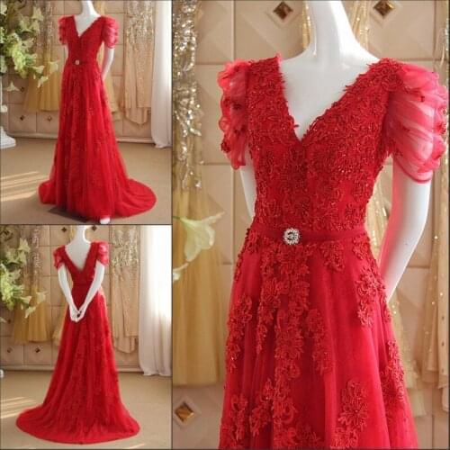 Sexy backless short sleeve lace appliques crystal evening gown 2018 robe de soiree vestido de festa mother of the bride dresses