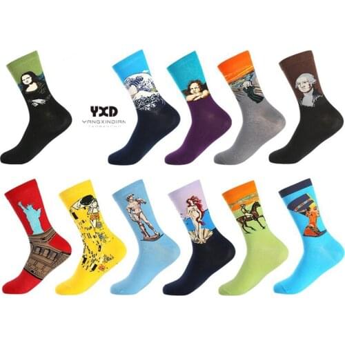 10 Pairs/Mens Cotton Sock Gift For Men Funny Socks Pop Socket Retro Art Van Gogh Mona Lisa Scream Oil Painting Socks With Print