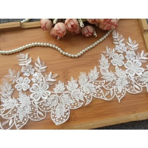 2Yards Heavy tiny Pearl Beaded Leaves Embroidered Lace DIY Wedding Veil Quality Lace Straps Rayon Material Width about 14.5cm