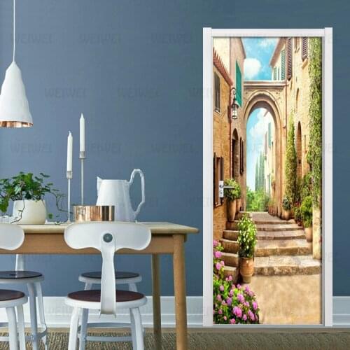 European Town Street View 3D Door Stickers PVC Waterproof Door Renovation 3D Mural PVC Self Adhesive DIY Home Decor Decal Poster