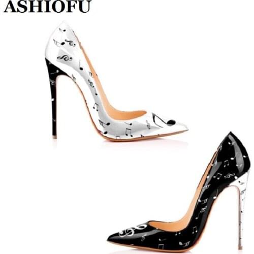 ASHIOFU Hot Sale New Classic Ladies Super-heels Pumps Music Print Patent Leather Party Dress Shoes Evening Club Fashion Pumps