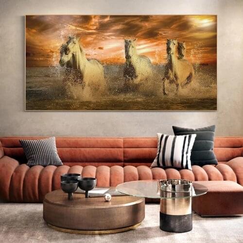 Running Horses on the Beach Wall Art Posters Animals Art Canvas Paintings On the Wall Decor Sunset Seascape Art Pictures Cuadros