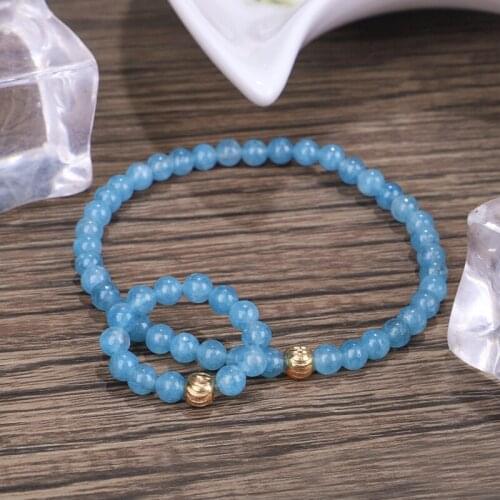Handmade Bracelet 4MM Natural Stone Blue Chalcedony Bead Mix Cooper Face Bead Bracelet Ring Jewelry set